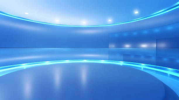 istock Television studio background with stage and blue lights 495758354
