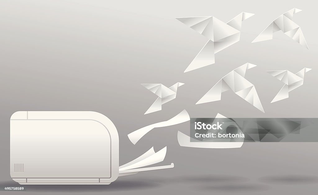 Three-Dimensional Printing A printer printing out folded paper, which gradually transforms into three dimensional origami birds in midair. File contains gradients and a soft layer transparency on its own layer so it's easy to remove as needed. Change stock vector