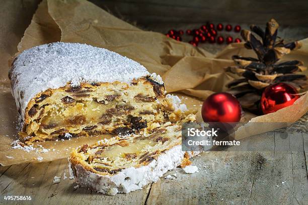 Christmas Stollen Traditional German Cake In Brown Paper On Rus Stock Photo - Download Image Now