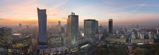 Panorama of Warsaw city during sundown stock photo