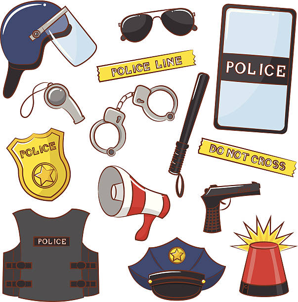 Police Icons Cute collection of color police icons riot shield illustrations stock illustrations