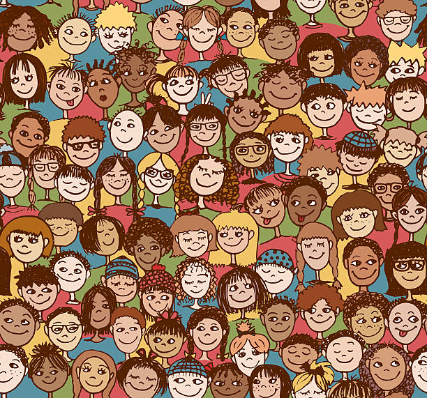 Kids seamless pattern Hand drawn seamless pattern with cute faces of children from diverse cultural / ethnic backgrounds children only stock illustrations