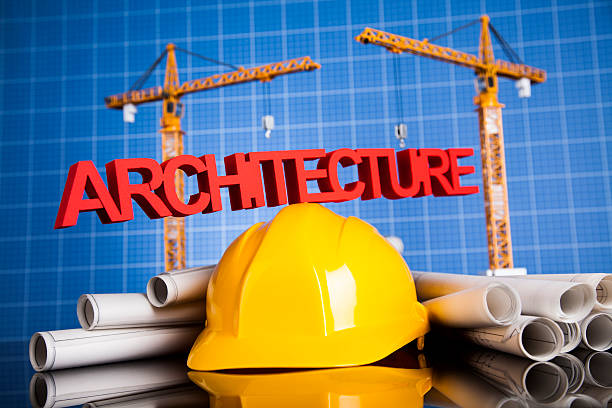 istock Crane, Safety helmet, Blueprints and construction site 495759734