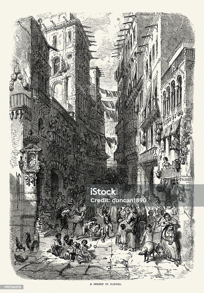 Street scene in Naples 19th Century Street scene in Naples, Italy, mid 19th Century Engraved Image stock illustration