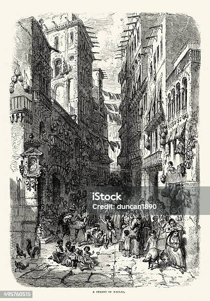 Street Scene In Naples 19th Century Stock Illustration - Download Image Now - Engraved Image, Naples - Italy, 19th Century