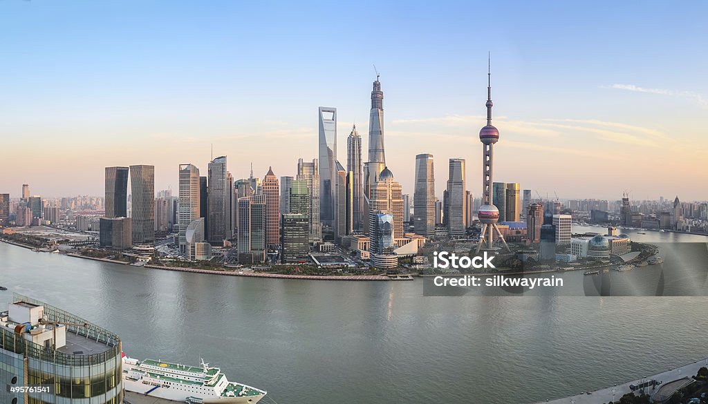 shanghai lujiazui panoramic view at dusk shanghai lujiazui skyline panoramic view at dusk ,peaceful and prosperous modern city Aerial View Stock Photo