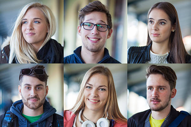 Real people young and happy Composit of six young people outside in autumn. Real young man and woman. blond hair fine art portrait portrait women stock pictures, royalty-free photos & images