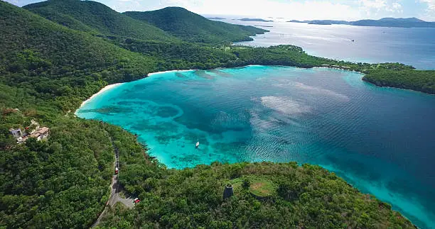 aerial view of white sand beaches at Hawksnest Bay, St.John, US Virgin Islands with St.Thomas on the horizon