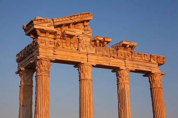 Ancient ruins of Roman Empire ( construction date about II century) at sunset. Apollo Temple, Side, Turkey. Canon 5D MkII.
