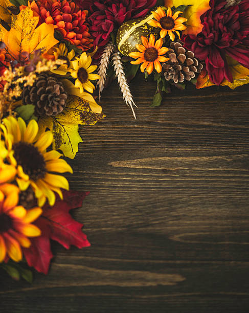 istock Fall themed decorations forming border on wooden background. Thanksgiving celebrations. 495772422