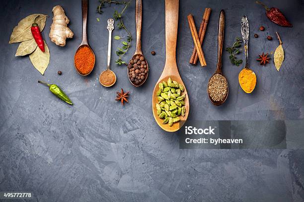 Various Spices On Grunge Background Stock Photo - Download Image Now - Spice, Ayurveda, Healthy Eating