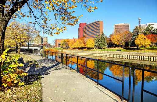 Autumn colors along the Flint River in downtown Flint, Michigan