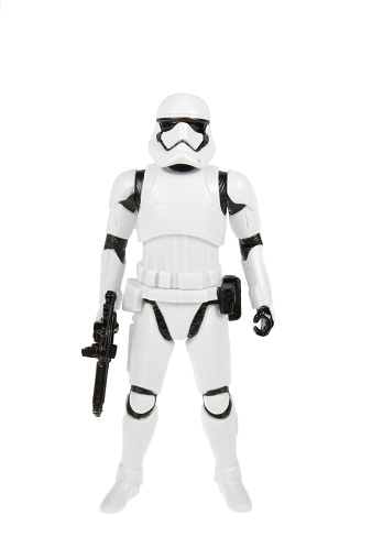 Adelaide, Australia - November 06, 2015:An isolated shot of a 2015 First Order Stormtrooper action figure from the Star Wars The Force Awakens movie.Merchandise from the Star Wars movies are highy sought after collectables.