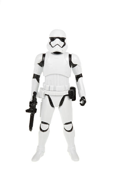 First Order Stormtrooper Action Figure Adelaide, Australia - November 06, 2015:An isolated shot of a 2015 First Order Stormtrooper action figure from the Star Wars The Force Awakens movie.Merchandise from the Star Wars movies are highy sought after collectables. action figure stock pictures, royalty-free photos & images
