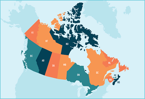 Colorful stylized vector map of Canada with labeled provinces and territory name abbreviations. All provinces and territories can be individually selected.