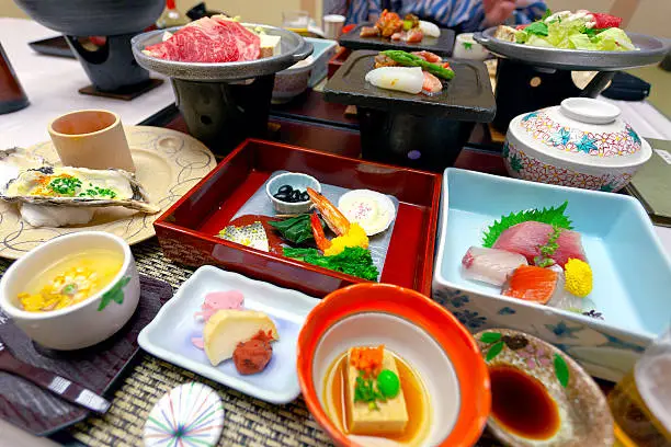 A Japanese Kaiseki meal, as served in a traditional Japanese hotel or ryokan.