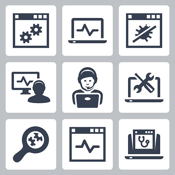 computer-hilfe-linie vektor-icons-set - technician computer repairing wrench stock-grafiken, -clipart, -cartoons und -symbole