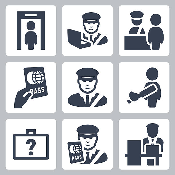ilustraciones, imágenes clip art, dibujos animados e iconos de stock de conjunto de iconos de vector de aduanas - control de seguridad