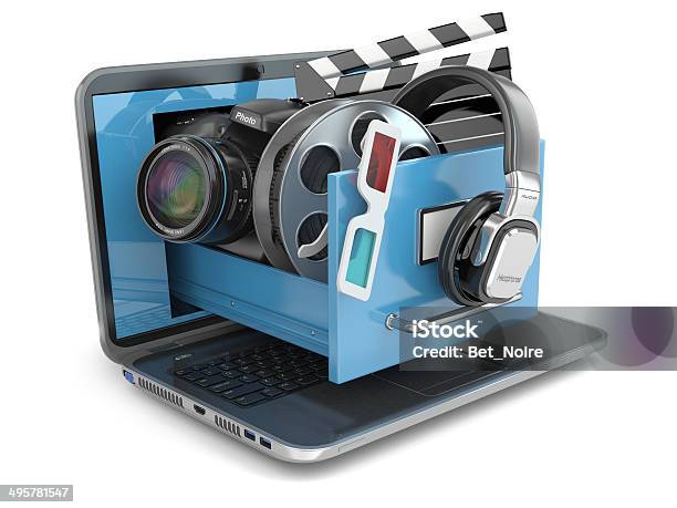 Multimedia Concept Laptop Camera Headphones And Video Attrib Stock Photo - Download Image Now