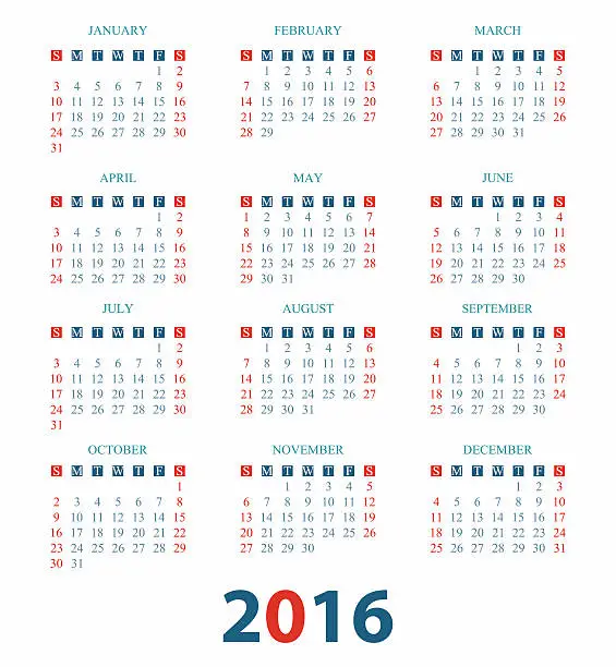 Vector illustration of Calendar for 2016 on White Background.