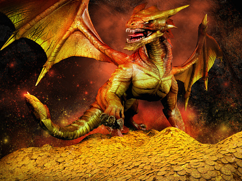 Fantasy scene with red dragon on a pile of gold