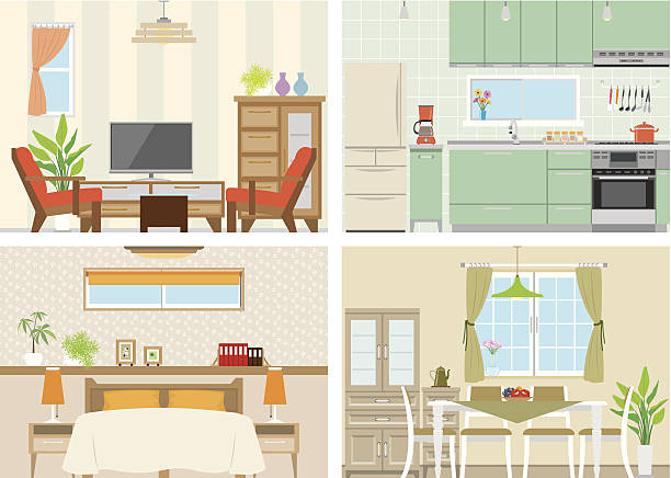 illustrazioni stock, clip art, cartoni animati e icone di tendenza di illustrazione di camera - kitchen table