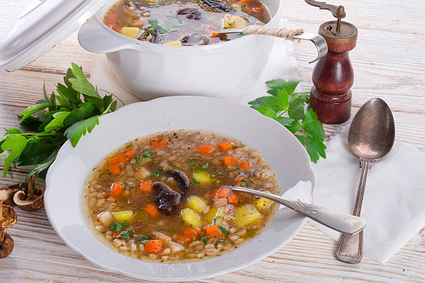 krupnik-  polaco sopa de cebada mondada - vegetable barley soup fotografías e imágenes de stock