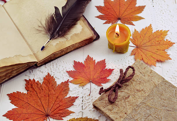 istock Autumn still life with diary, candle and maple leaves 495798452