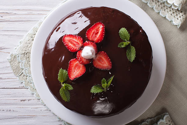 istock chocolate cake with strawberries. Horizontal top view 495801494