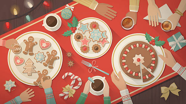 ilustraciones, imágenes clip art, dibujos animados e iconos de stock de familia celebrando la navidad en casa - christmas child cookie table