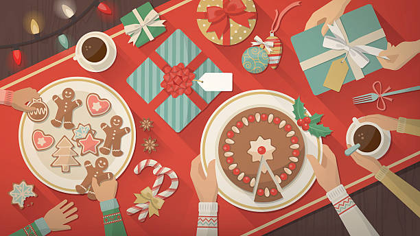 Family celebrating Christmas at home Family celebrating Christmas at home and eating together delicious sweets, cookies and desserts, top view homemade gift boxes stock illustrations