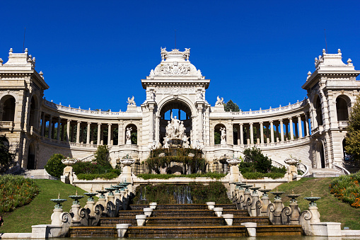 Marseille, Provence-Alpes-Côte d'Azur, France - August 29th, 2015: View on the Palais Longchamp in Marseille in France. The Palais is a monument that houses the city's musée des beaux-arts and natural history museum.