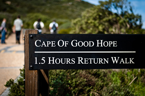The walking trail at the cape of good hope in South Afria with hikers in hte background.