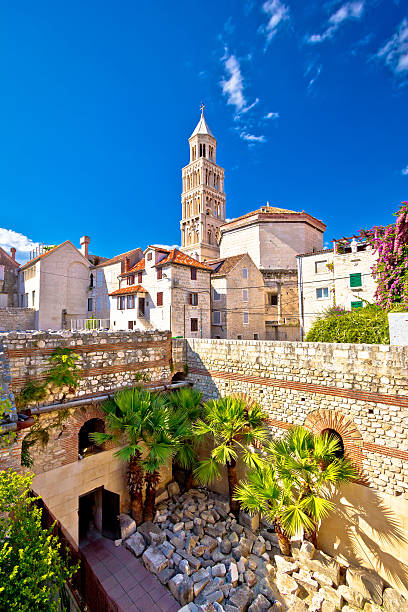 Split historic architecture of Diocletian's palace Split historic architecture of Diocletian's palace, UNESCO world heritage site, vertical view, Croatia split croatia stock pictures, royalty-free photos & images