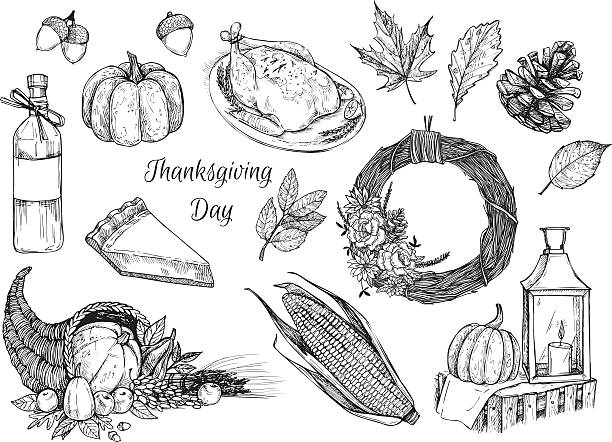 Hand drawn vector illustration - Thanksgiving day. Design elemennts Hand drawn vector illustration - Thanksgiving day. Design elements for invitations, greeting cards, quotes, blogs, posters and more. thanksgiving holiday drawings stock illustrations