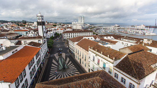 Ponta Delaga, Portugal - June 15, 2015: Top view of center of Ponta Delgada. City is located on Sao Miguel Island (233 km2) Region capital under the revised constitution of 1976.