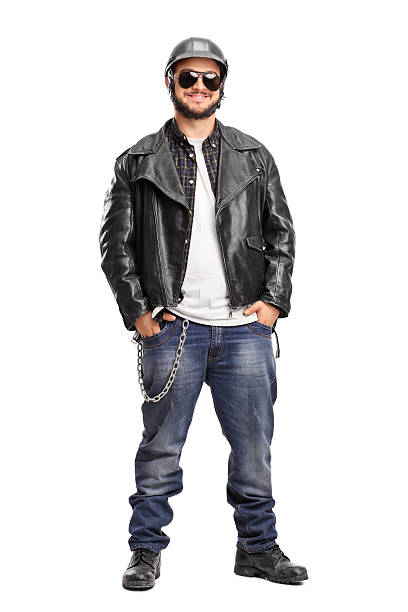 Male biker in a black leather jacket