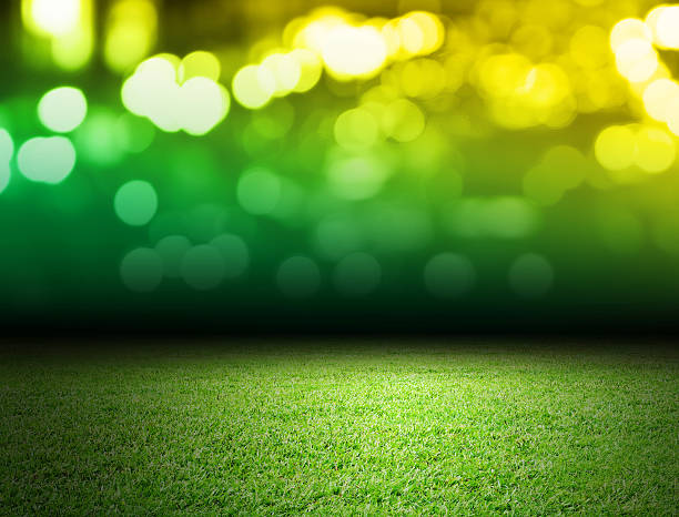 녹색 축구장, 빛망울 배경으로 - soccer field flash 뉴스 사진 이미지