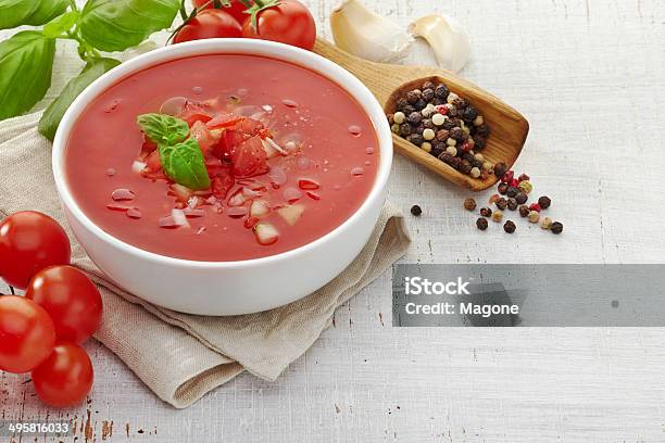 Fresh Tomato Soup Gazpacho Stock Photo - Download Image Now - Appetizer, Basil, Bowl