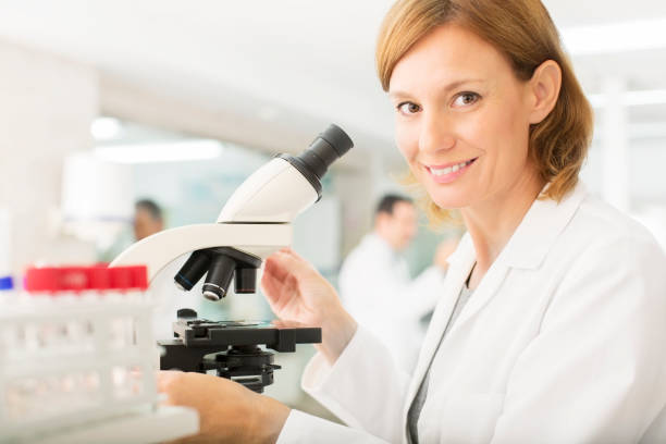 istock Portrait of confident scientist using microscope in laboratory 495829301