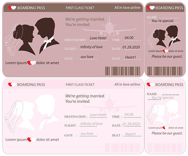 ilustrações de stock, clip art, desenhos animados e ícones de bilhete boarding pass casamento convite modelo. - wedding bride wedding reception silhouette