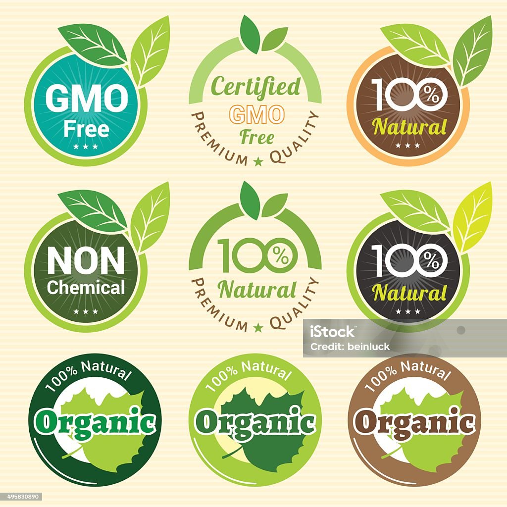 GMO Free Non GMO and organic guarantee tag label emblem GMO Free Non GMO and organic guarantee tag label emblem sticker for plant fruits and vegetable Genetic Modification stock vector