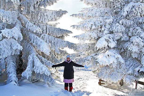 Women on snowy mountain Ozren near Sarajevo,Bosnia and Herzegovina