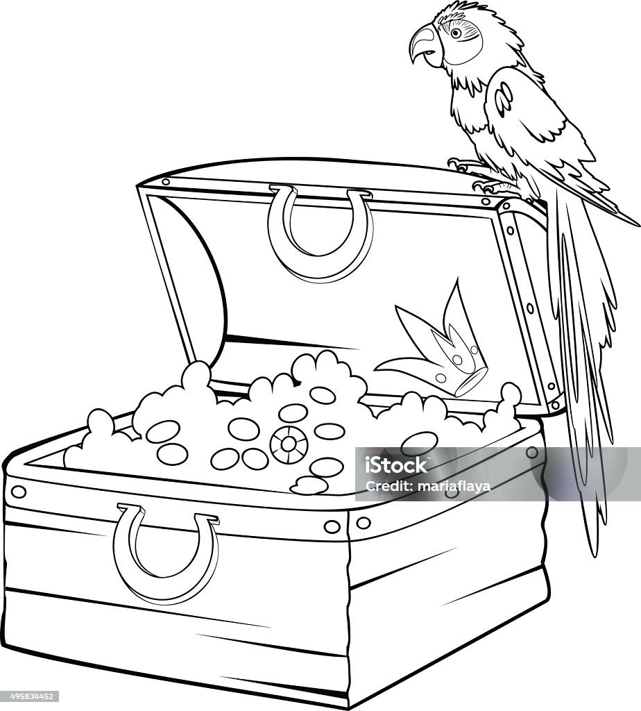 Coloring with treasure and macaw parrot Treasure Chest stock vector