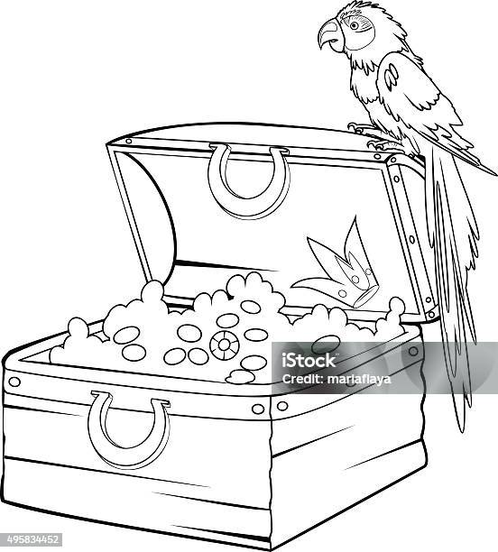 Coloring With Treasure And Macaw Parrot Stock Illustration - Download Image Now - Treasure Chest, Black And White, 2015