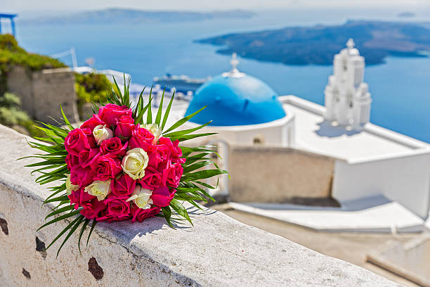Wedding bouquet of red roses on the sea coast, Greece