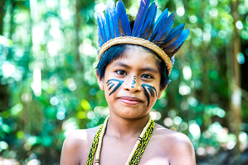 Portrait of Native Brazilian boy at an indigenous tribe in the Amazon