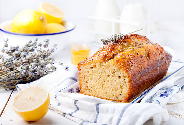 Lavender, lemon cake with fresh lemons and lavender flowers