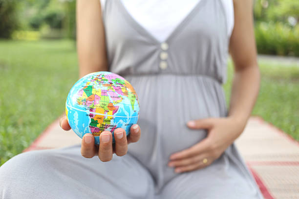 istock Pregnant women show Globe model in hand. 495837132