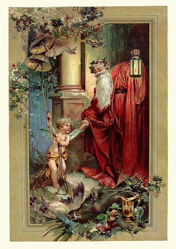Vintage engraving of a Victorian Father Christmas and Cupid ring a peal of bells. 1893